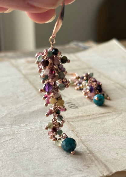 Long Earrings with small colored tourmalines - Handmade cluster