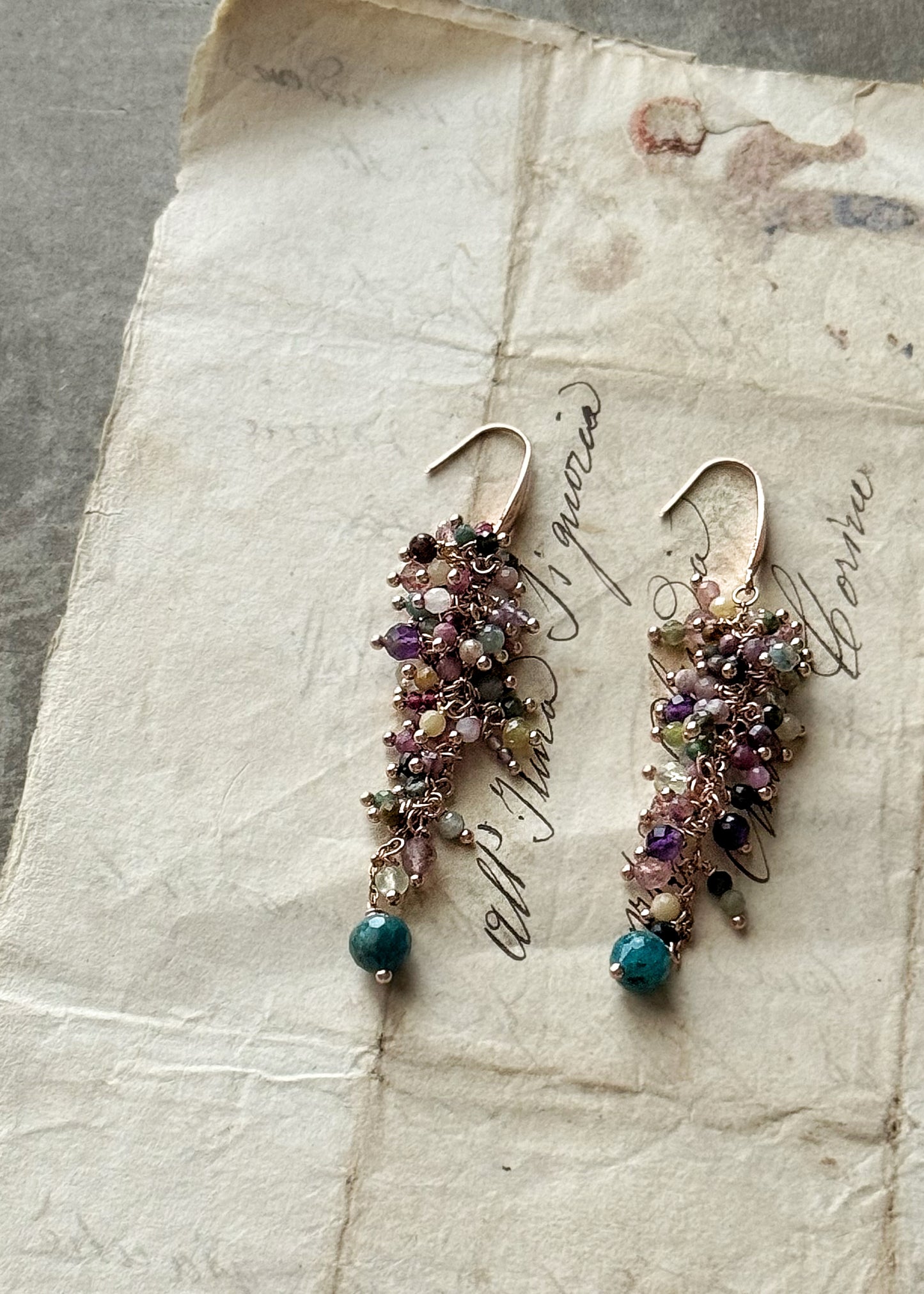 Long Earrings with small colored tourmalines - Handmade cluster