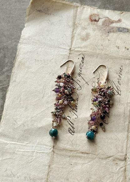 Long Earrings with small colored tourmalines - Handmade cluster