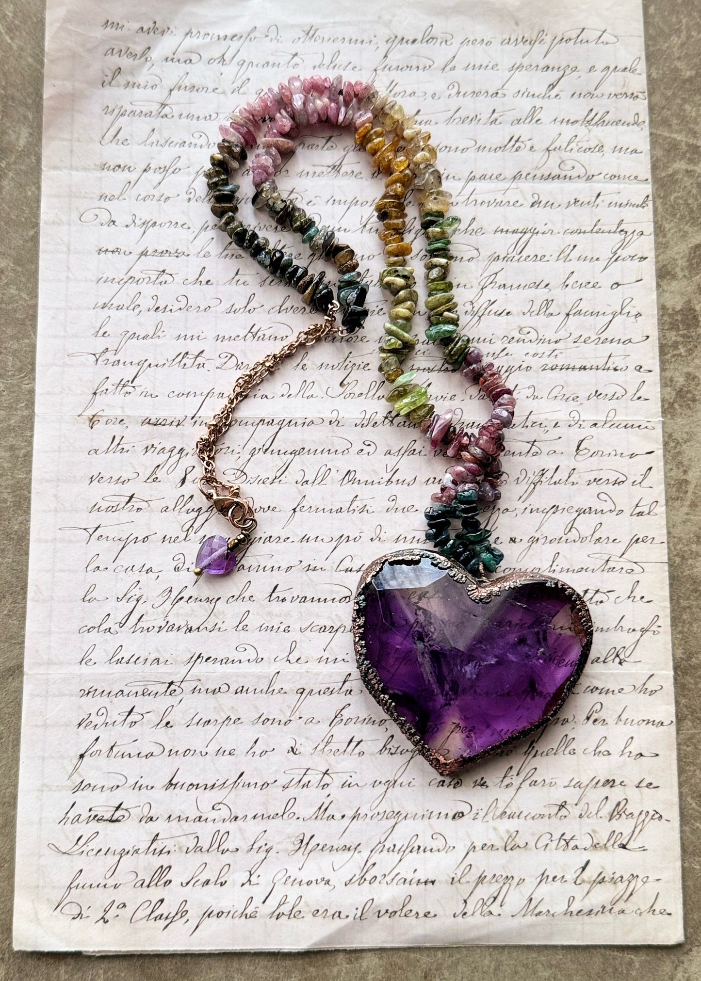 Necklace with Tourmaline chips and Amethyst Heart | Natural Stones