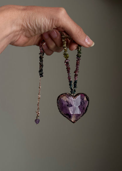 Necklace with Tourmaline chips and Amethyst Heart | Natural Stones