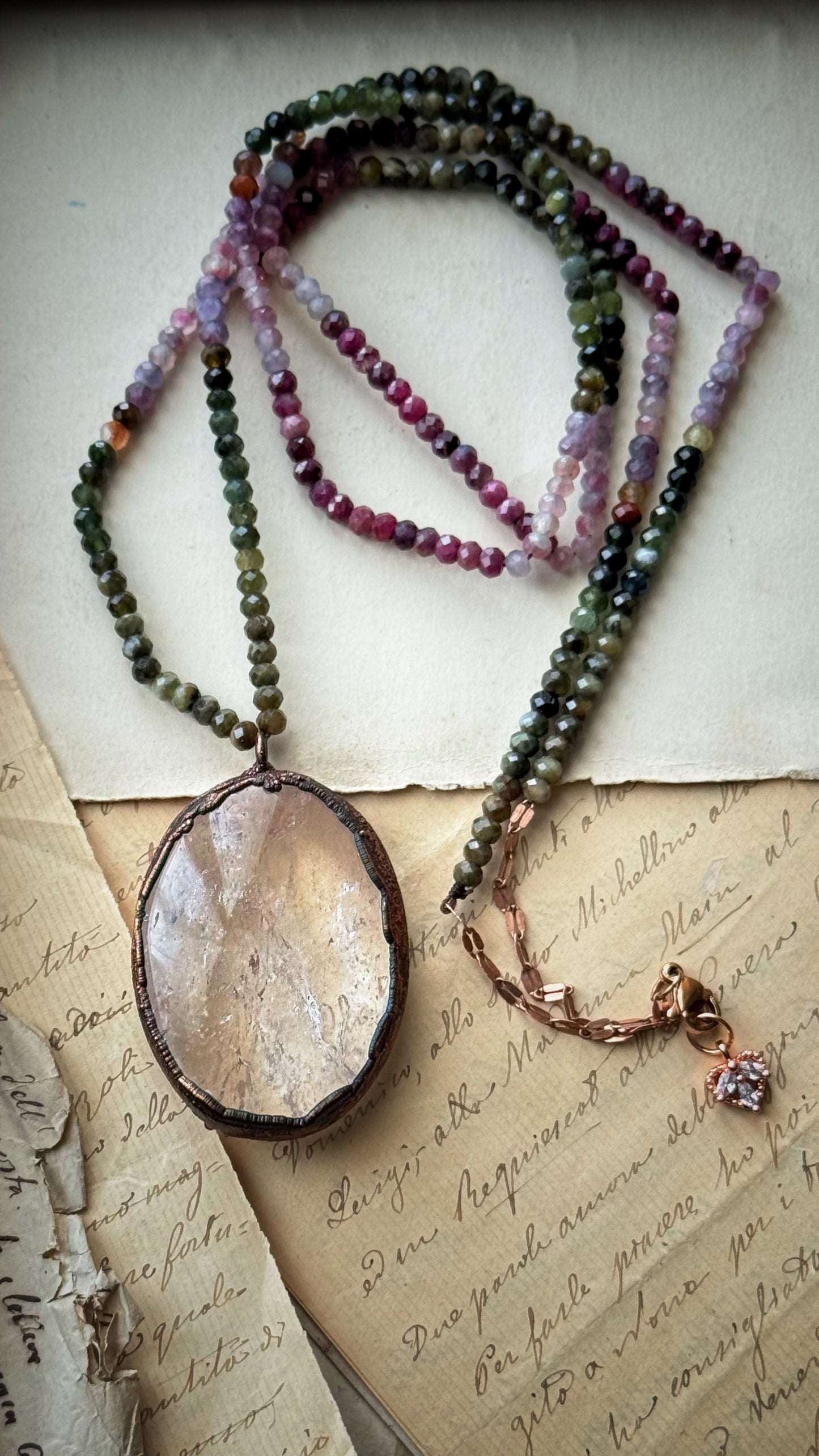 Long necklace with Himalayan Quartz and multicolored Tourmaline
