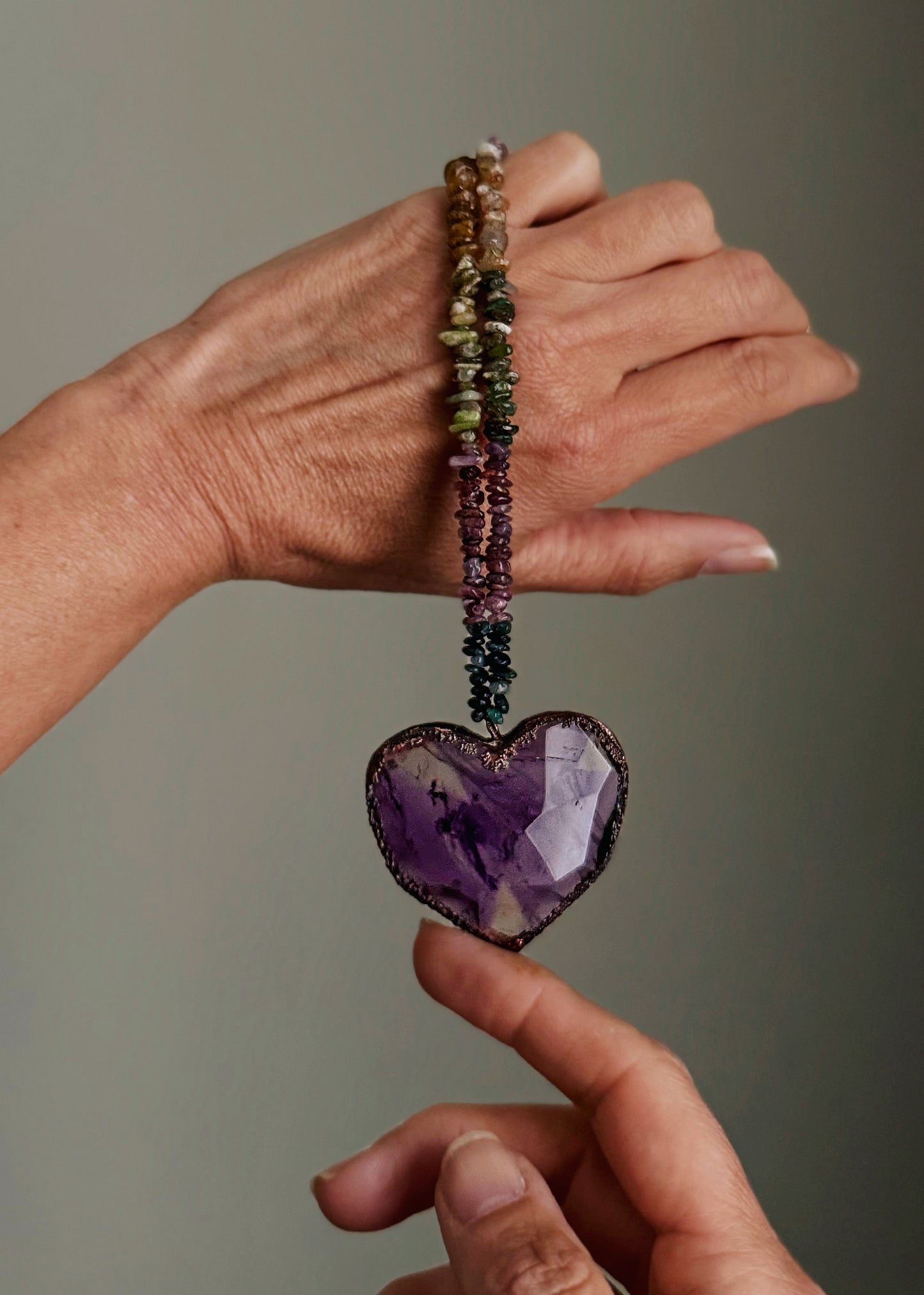 Necklace with Tourmaline chips and Amethyst Heart | Natural Stones