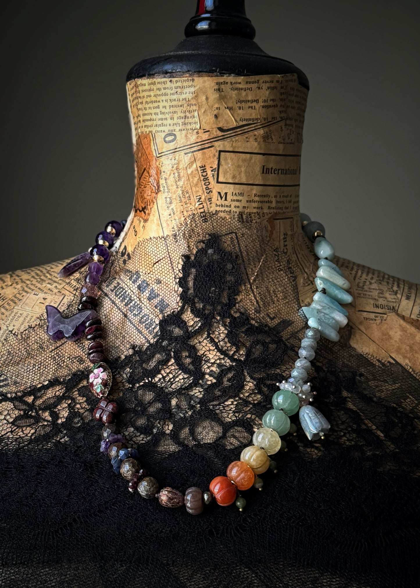 Handmade Multicolored Natural Stone Necklace with Charms | Model 12