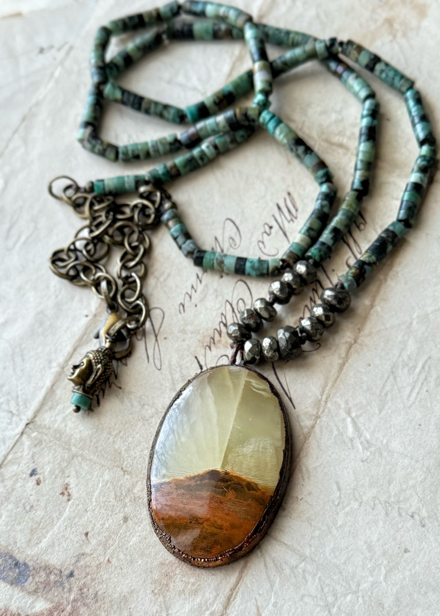 Long African Turquoise and Green Calcite Necklace | Double Wrap