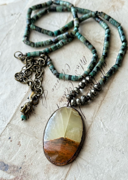 Long African Turquoise and Green Calcite Necklace | Double Wrap