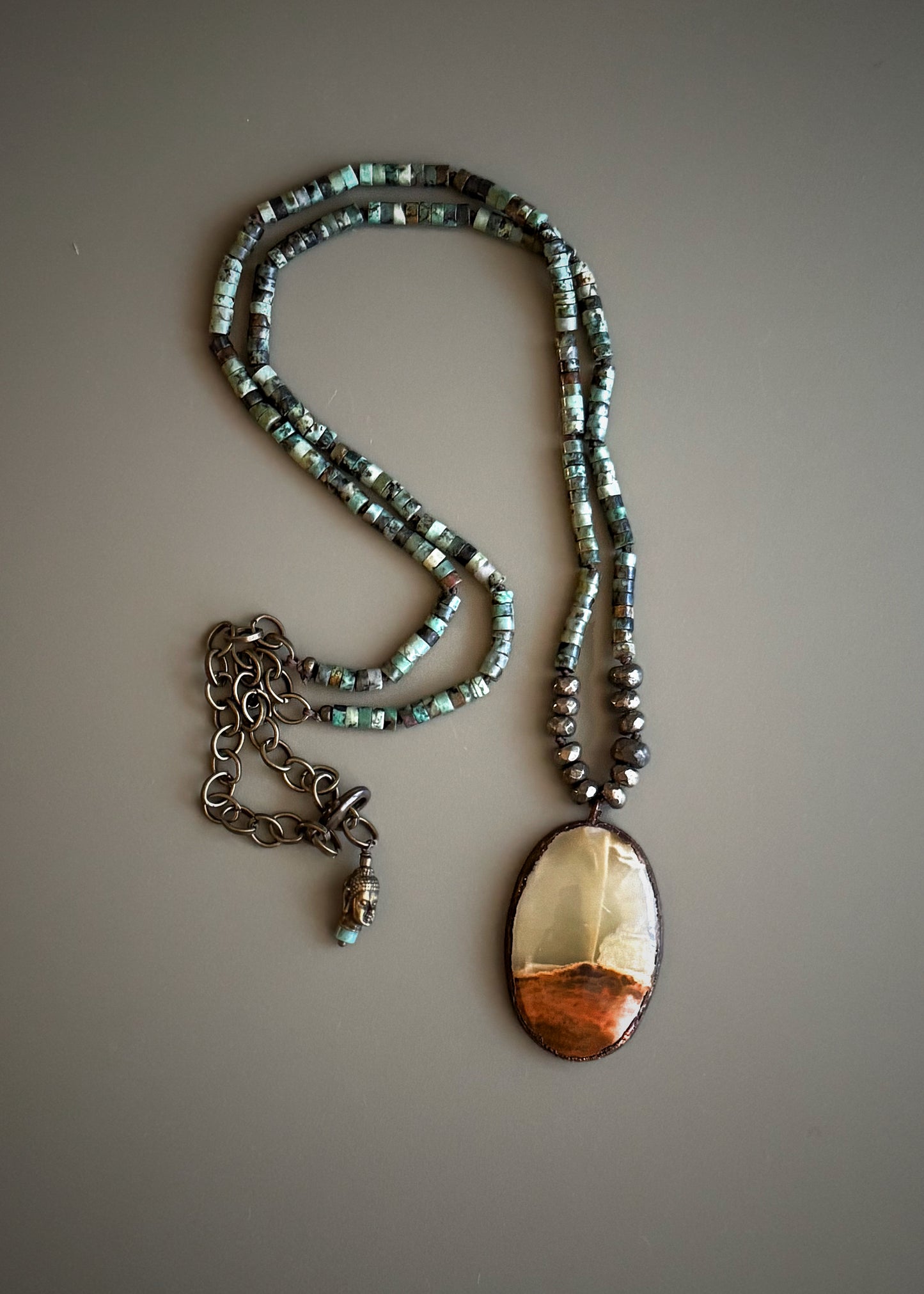 Long African Turquoise and Green Calcite Necklace | Double Wrap