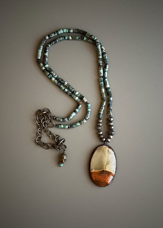 Collana Lunga Turchese Africano e Calcite Verde | 82cm Doppio Giro