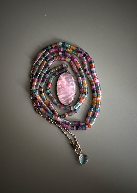Collana Lunga in Giada Colorata con Quarzo Rosa e Fluorite – 110 cm