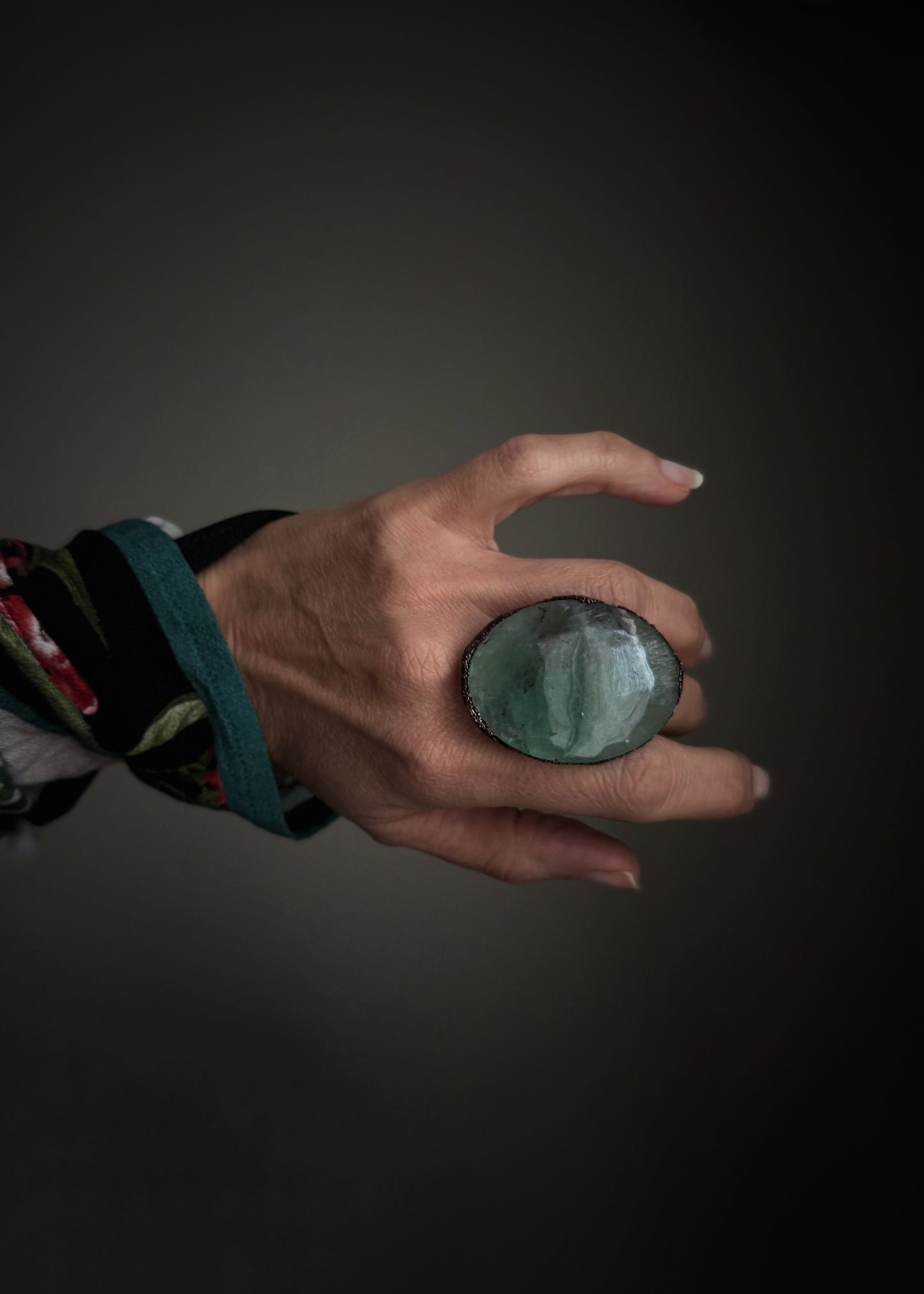 Ring with large green Fluorite stone Size 11us (21mm)