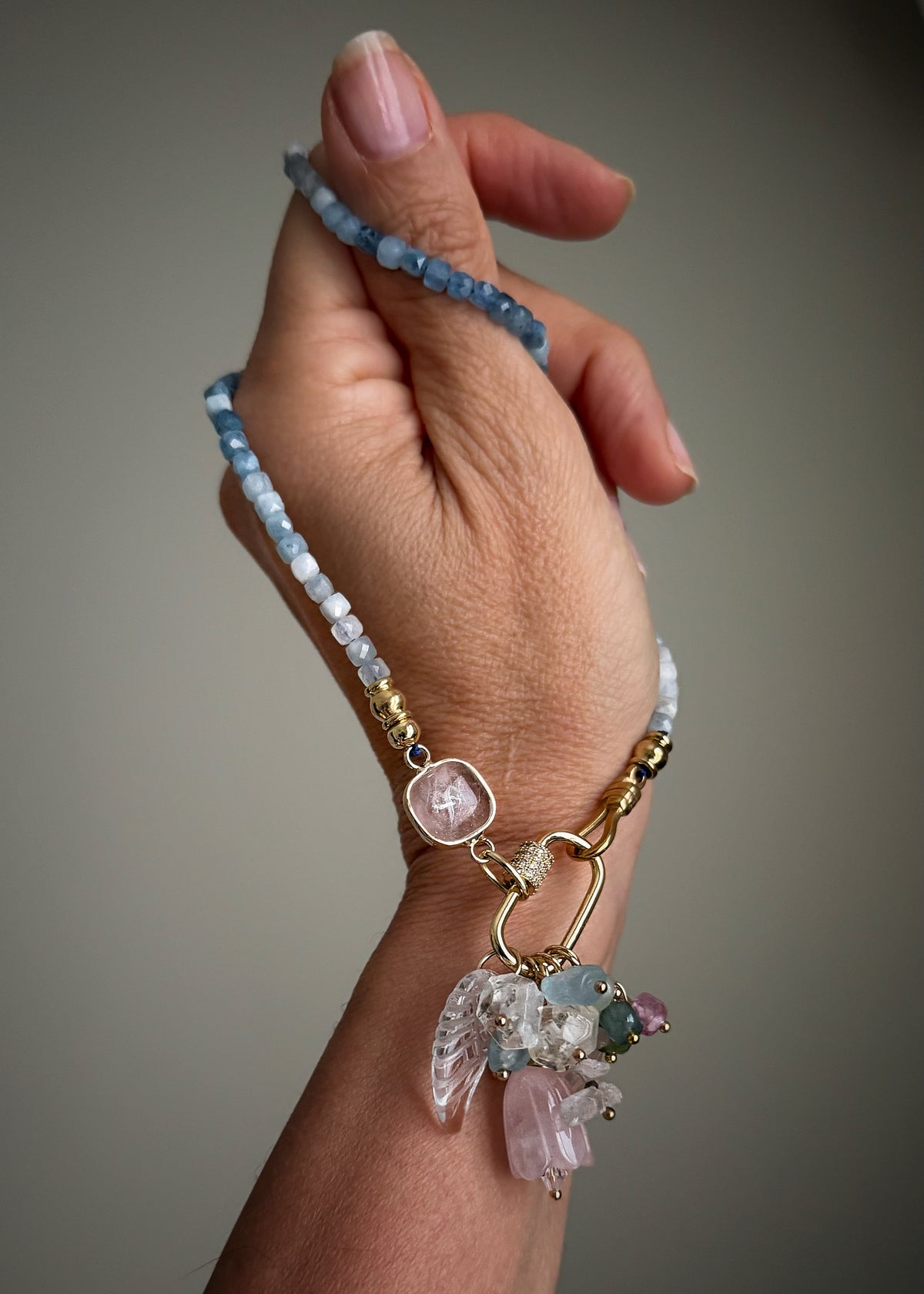 Chiusura gancio dorato con strass del girocollo acquamarina componibile – Ebbijoux Mod.32