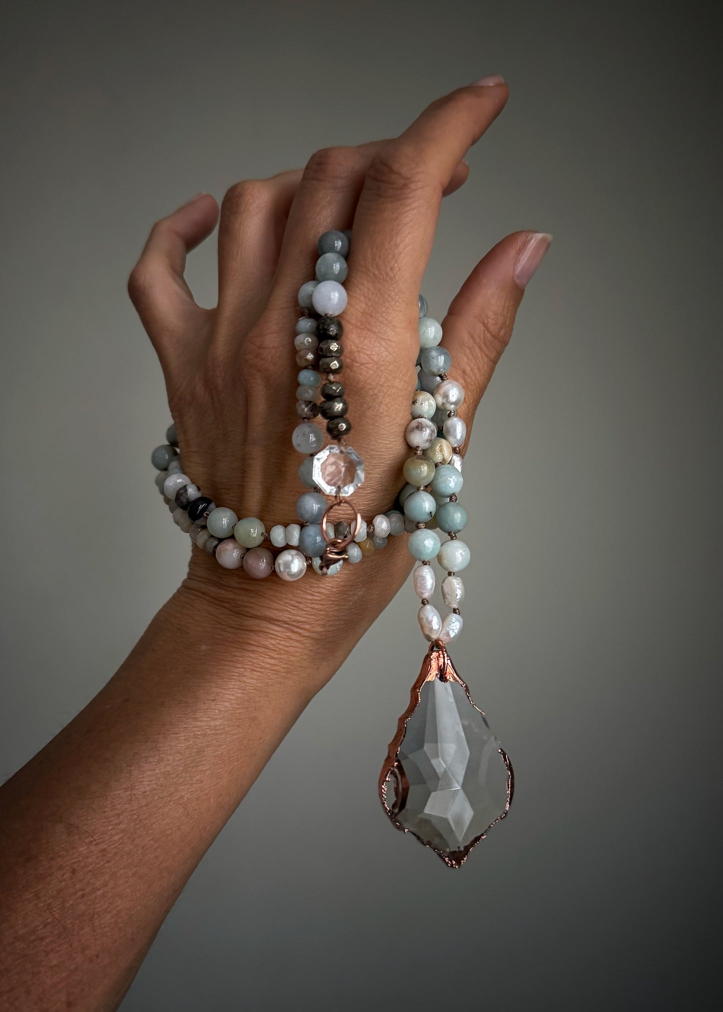 Collana con Amazzonite e Acquamarina con Ciondolo in Vetro – Pezzo Unico