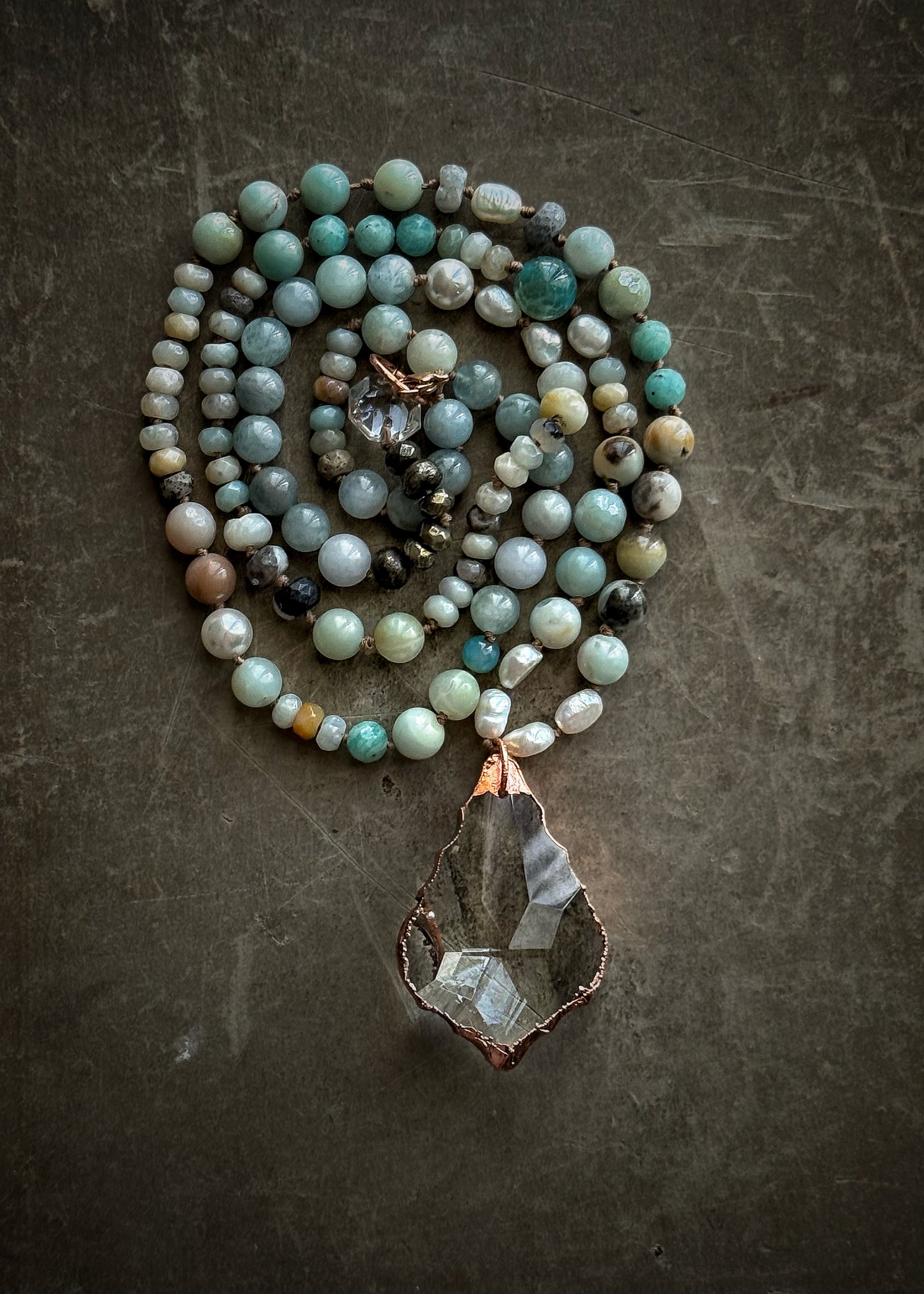 Collana con Amazzonite e Acquamarina con Ciondolo in Vetro – Pezzo Unico