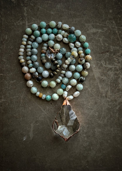 Collana con Amazzonite e Acquamarina con Ciondolo in Vetro  - Mod.28