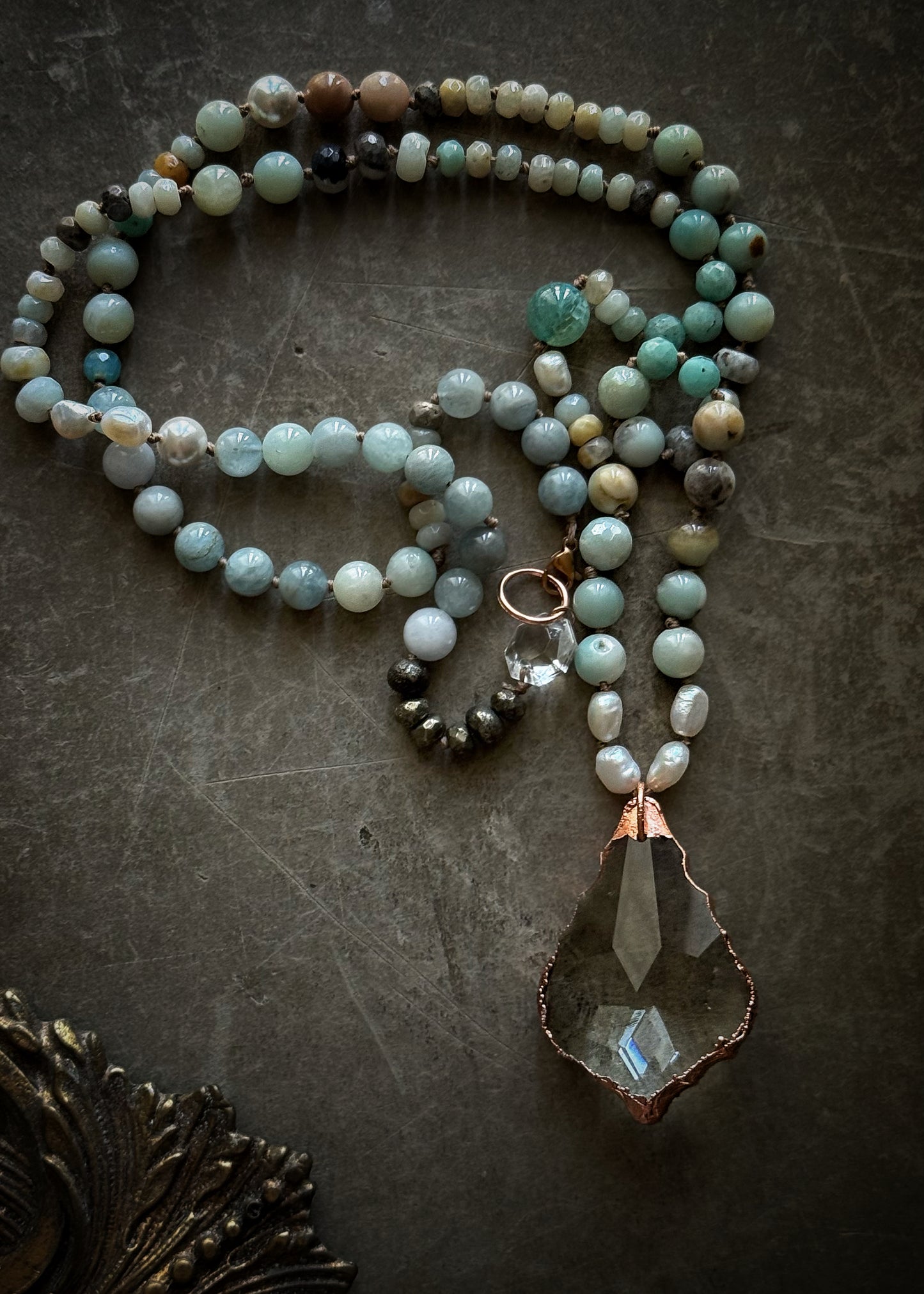 Collana con Amazzonite e Acquamarina con Ciondolo in Vetro – Pezzo Unico