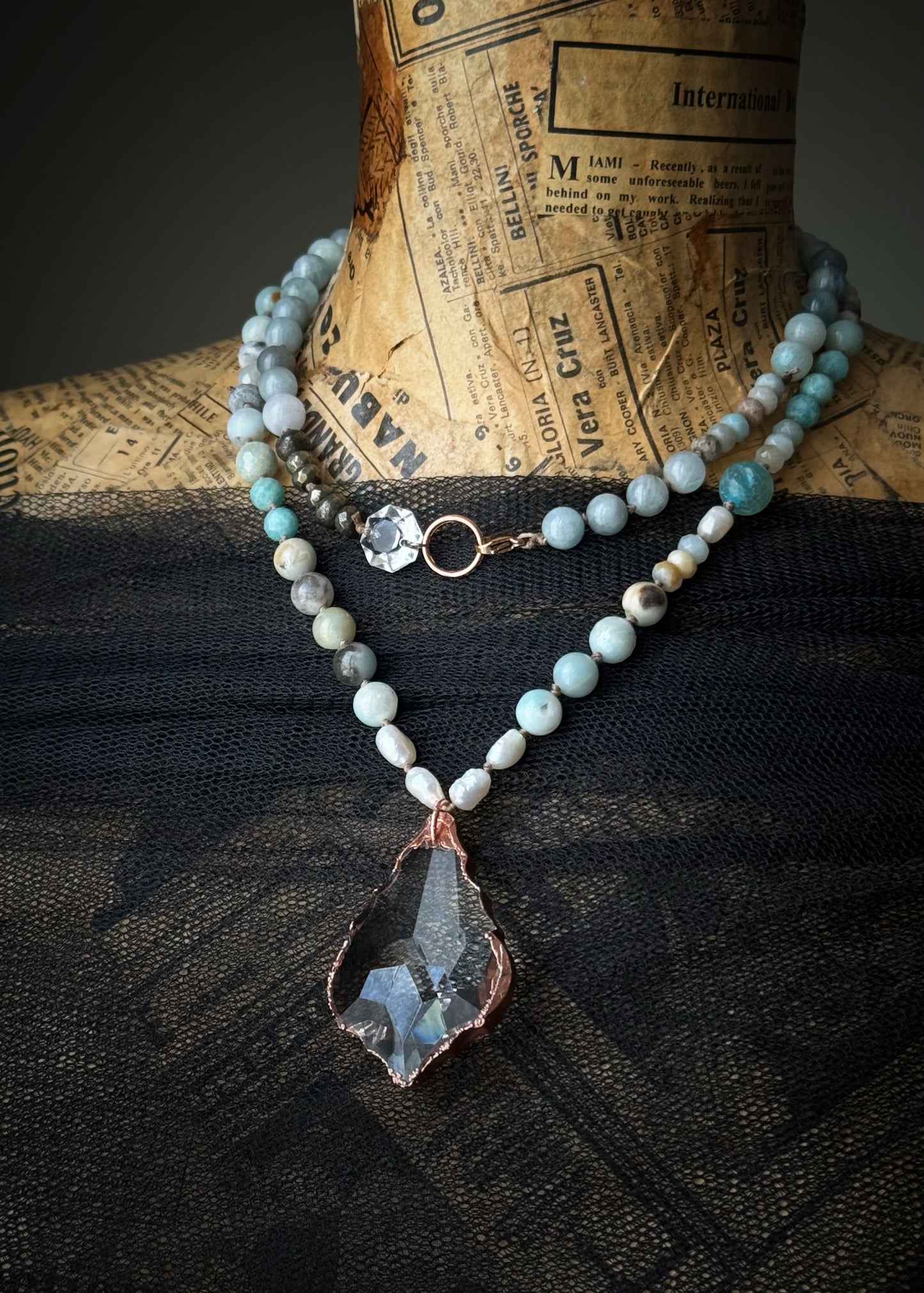 Collana con Amazzonite e Acquamarina con Ciondolo in Vetro – Pezzo Unico