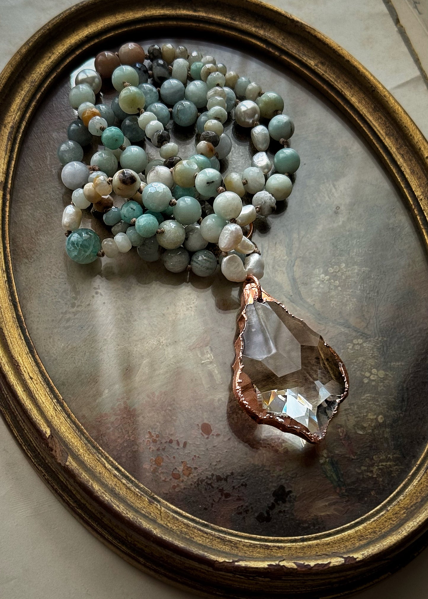 Collana con Amazzonite e Acquamarina con Ciondolo in Vetro – Pezzo Unico