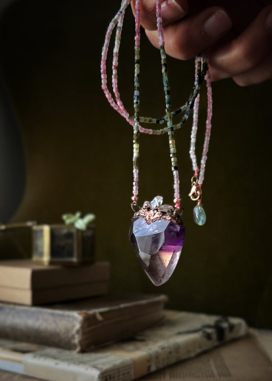 Collana Ex Voto con Ametista Sacro Cuore, Tormalina Multicolore e Diamanti Herkimer