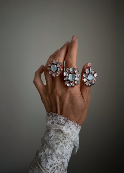 Anello in rame con quarzi Herkimer e acquamarina sfaccettata, fatto a mano — Ebbijoux