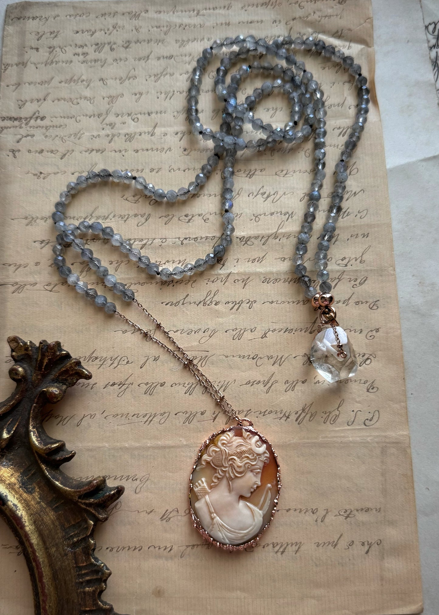 Long Necklace with Antique Cameo and Labradorite - Ebbijoux
