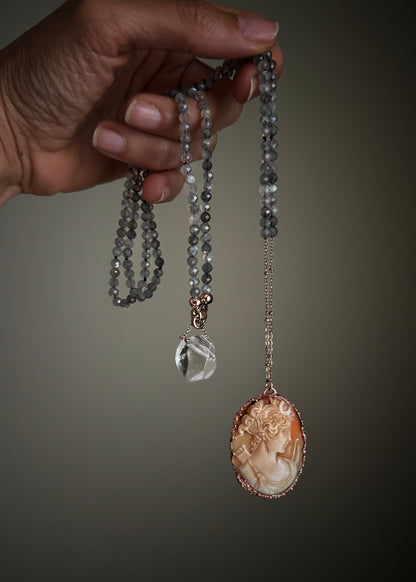 Long Necklace with Antique Cameo and Labradorite - Ebbijoux