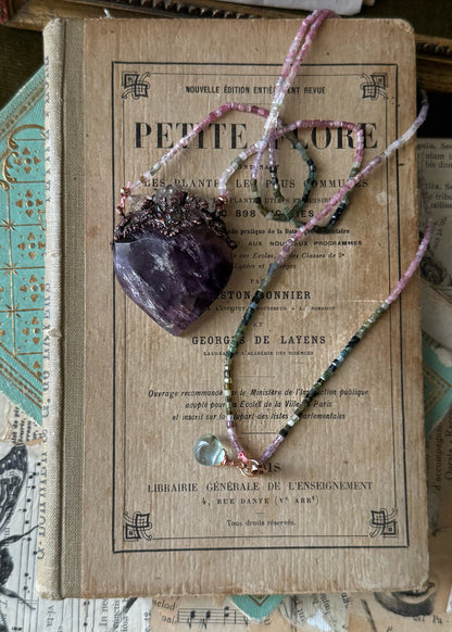 Ex Voto Necklace with Sacred Heart Amethyst, Multicolor Tourmaline, and Herkimer Diamonds