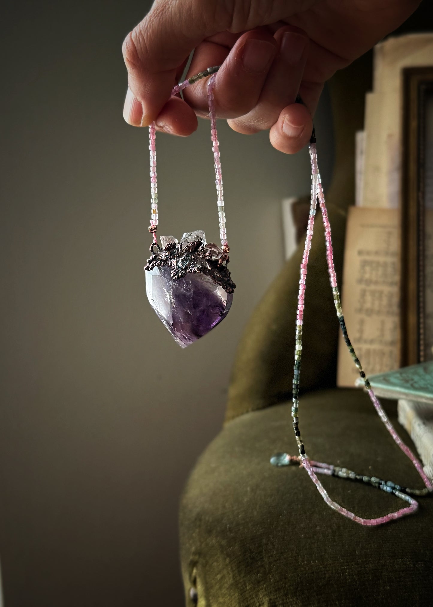 Ex Voto Necklace with Sacred Heart Amethyst, Multicolor Tourmaline, and Herkimer Diamonds