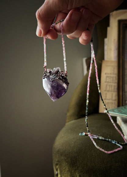 Ex Voto Necklace with Sacred Heart Amethyst, Multicolor Tourmaline, and Herkimer Diamonds