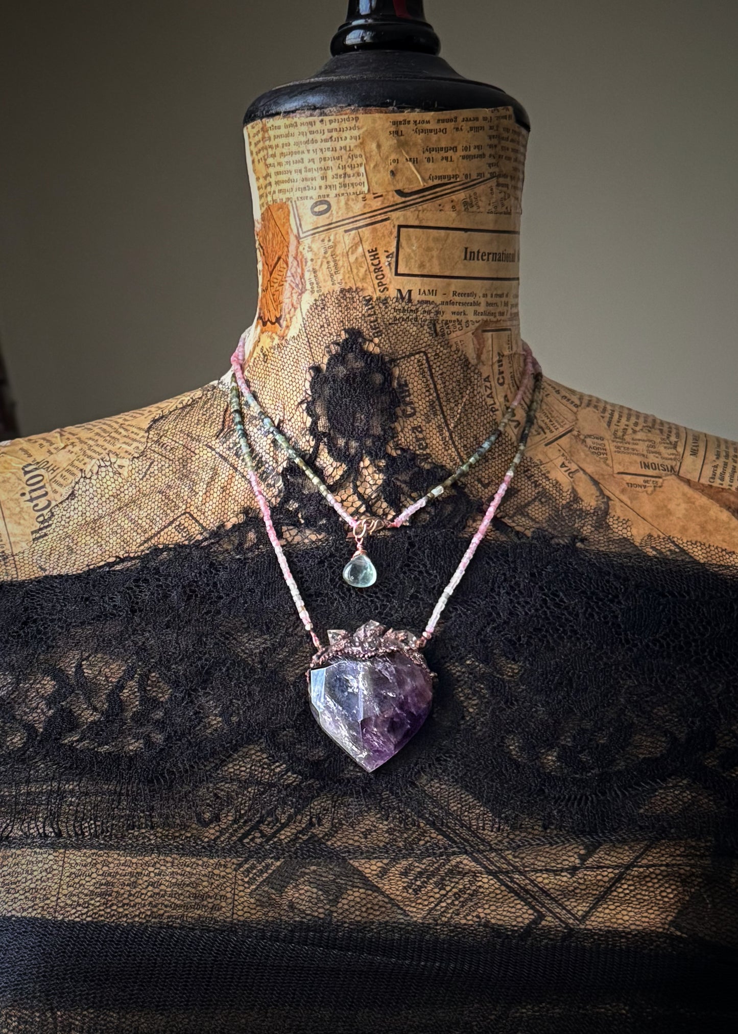 Ex Voto Necklace with Sacred Heart Amethyst, Multicolor Tourmaline, and Herkimer Diamonds