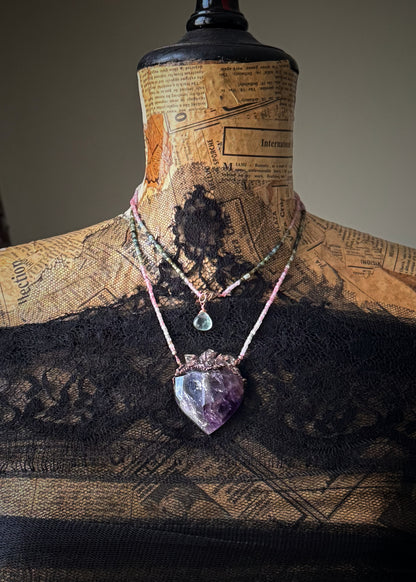 Ex Voto Necklace with Sacred Heart Amethyst, Multicolor Tourmaline, and Herkimer Diamonds