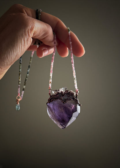 Ex Voto Necklace with Sacred Heart Amethyst, Multicolor Tourmaline, and Herkimer Diamonds