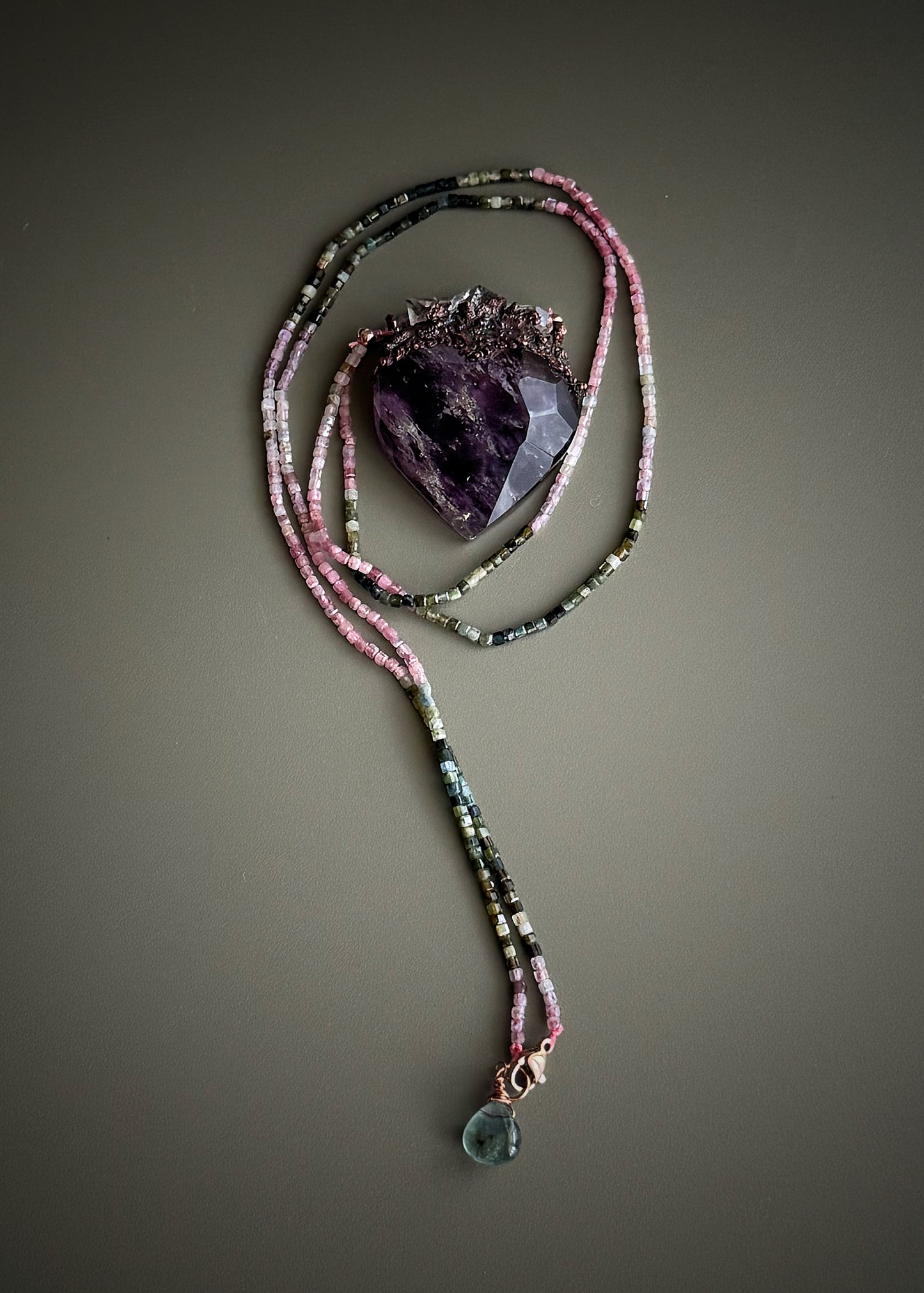 Ex Voto Necklace with Sacred Heart Amethyst, Multicolor Tourmaline, and Herkimer Diamonds