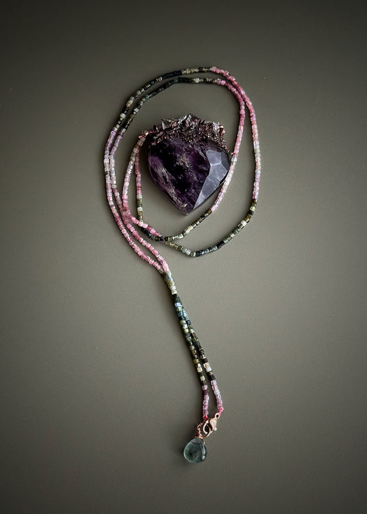 Collana Ex Voto con Ametista Sacro Cuore, Tormalina Multicolore e Diamanti Herkimer