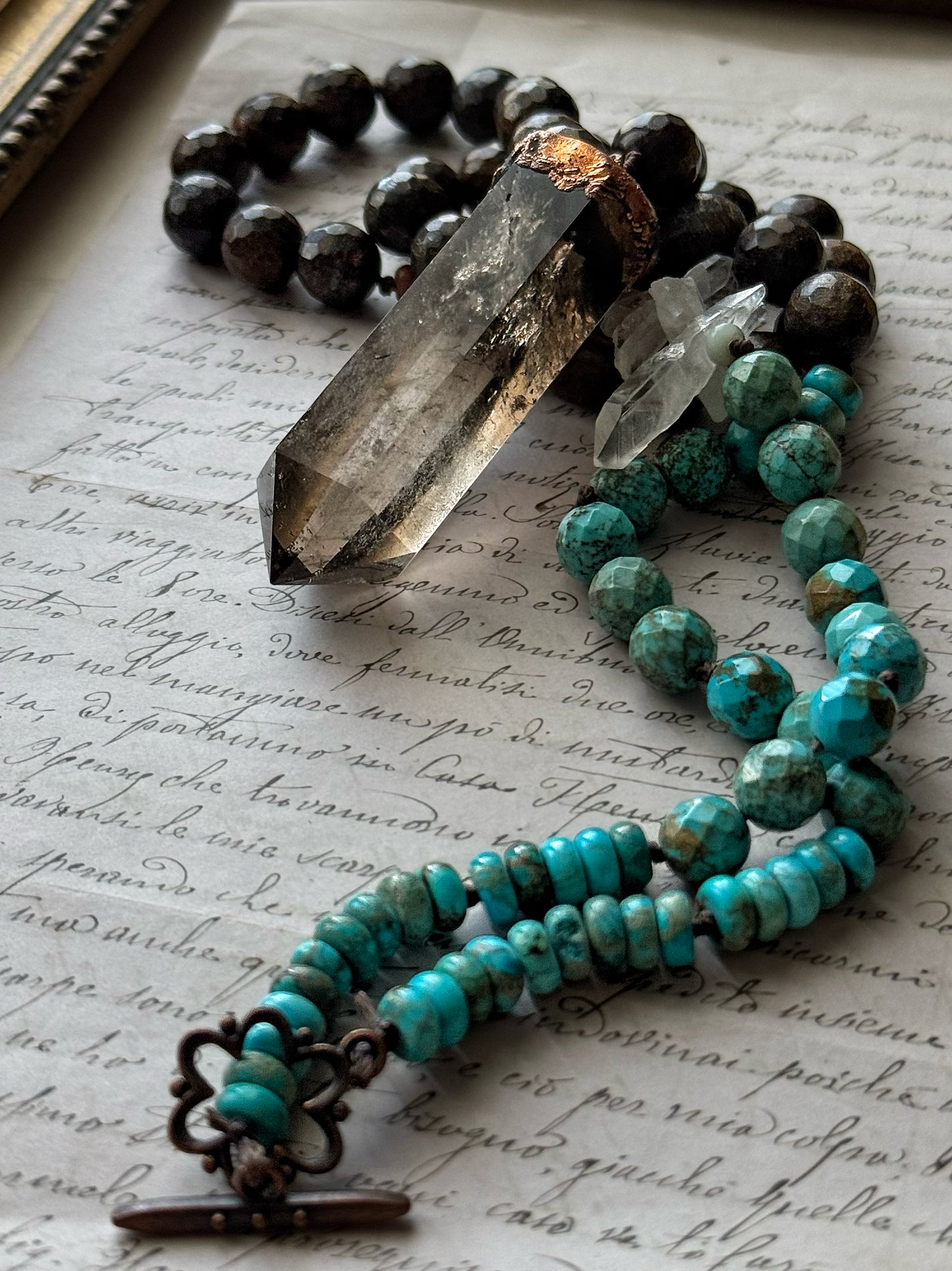 Knotted Necklace with Turquoise, Bronzite, and Smoky Quartz – Mod.19