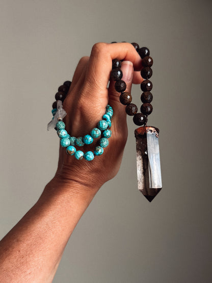Knotted Necklace with Turquoise, Bronzite, and Smoky Quartz – Mod.19