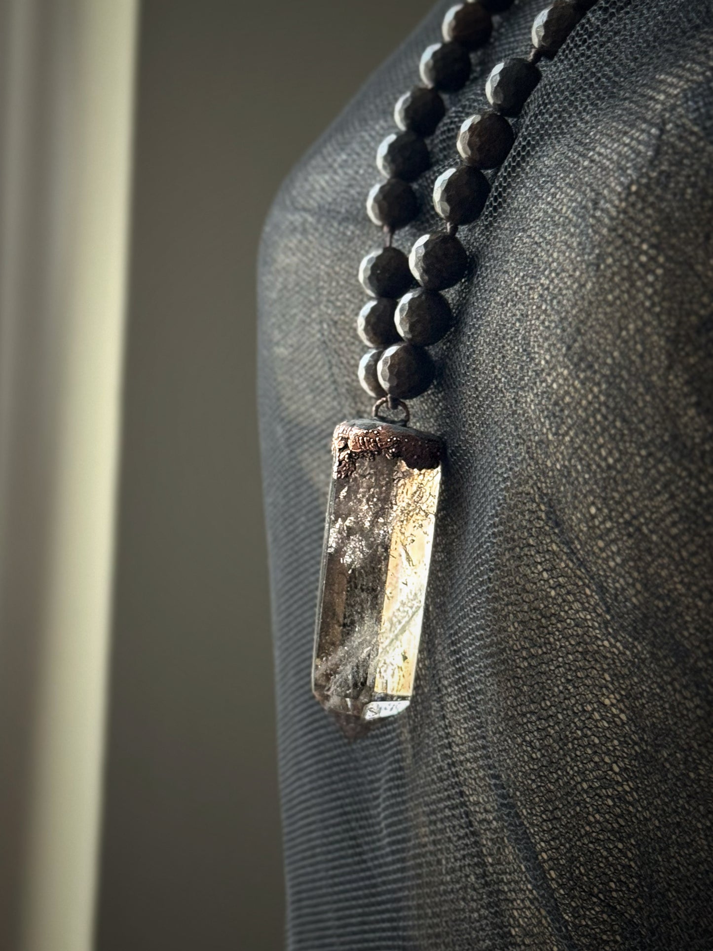 Knotted Necklace with Turquoise, Bronzite, and Smoky Quartz – Mod.19