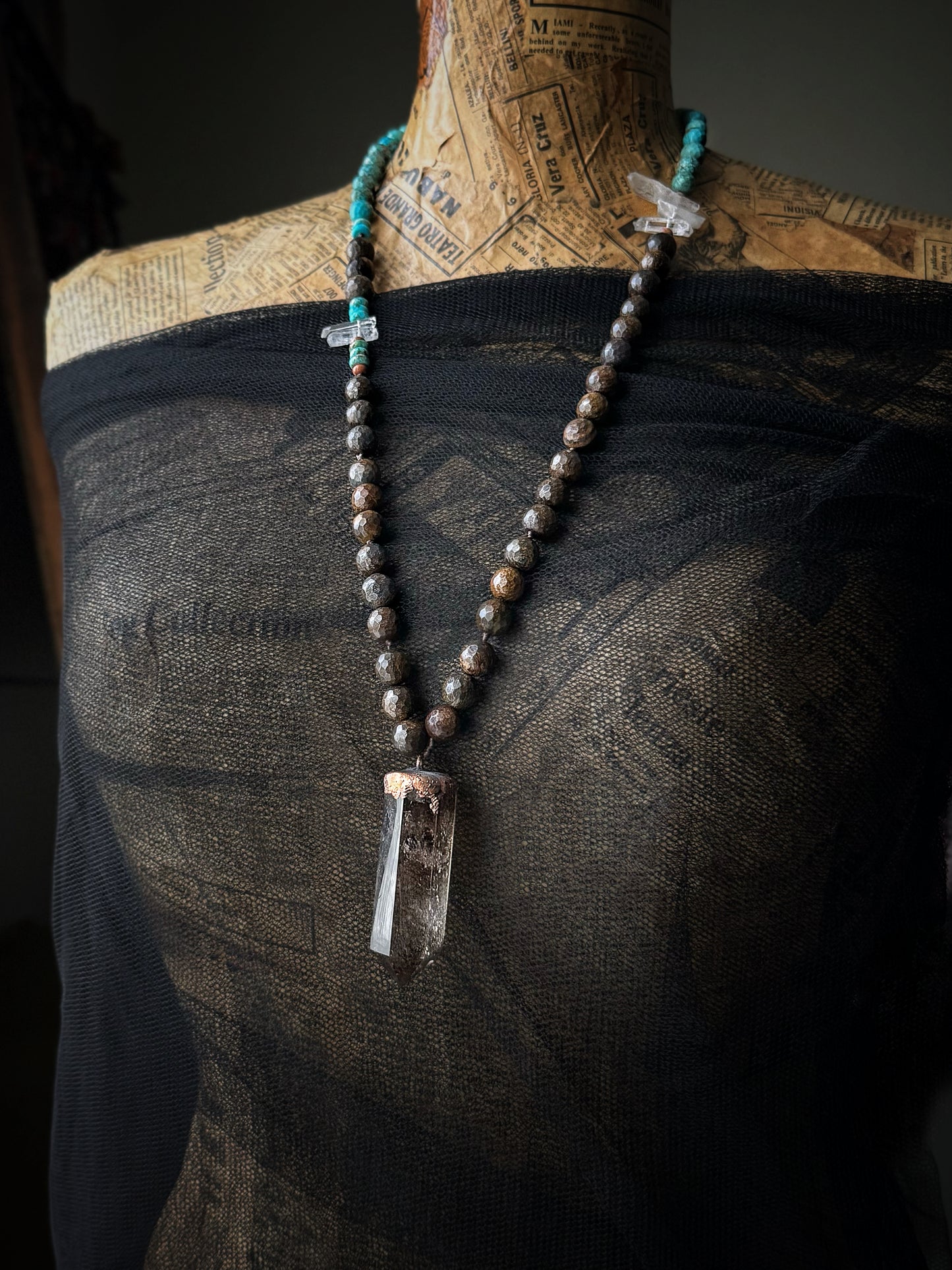 Knotted Necklace with Turquoise, Bronzite, and Smoky Quartz – Mod.19