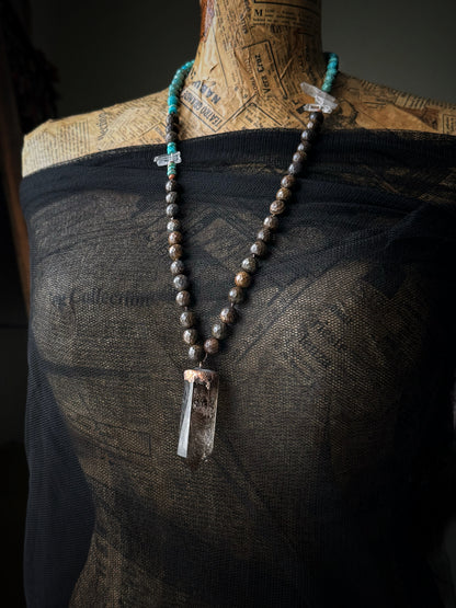 Knotted Necklace with Turquoise, Bronzite, and Smoky Quartz – Mod.19