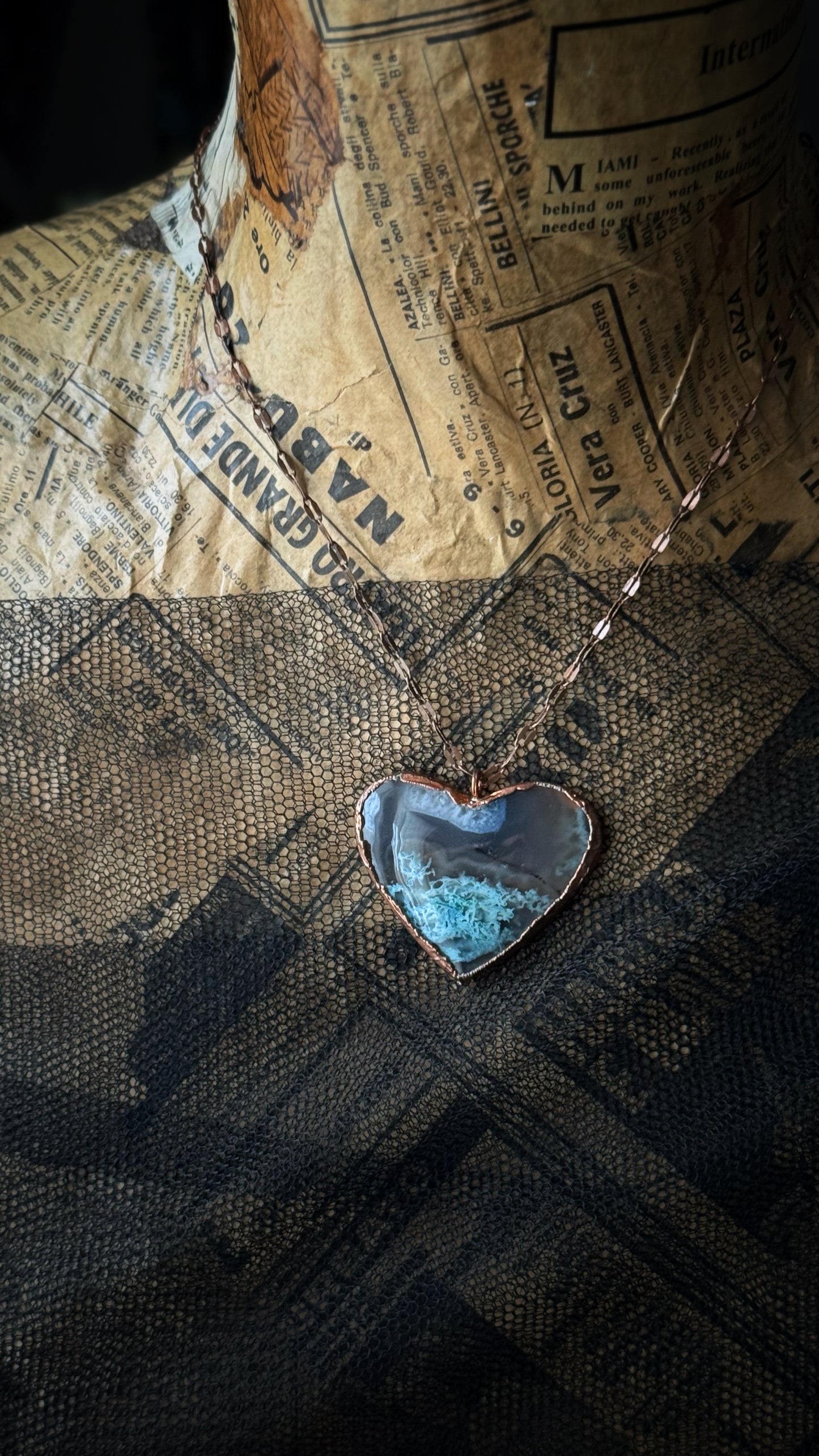 Moss Agate Heart Necklace. Copper and natural stone pendants. Heart necklaces for nature lovers. Custom-made.