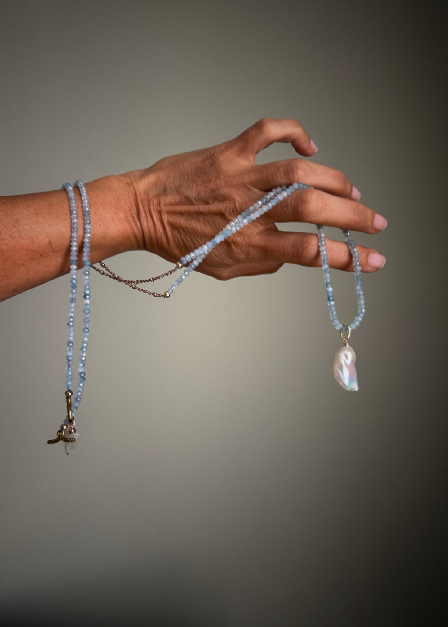 Long Necklace with Aquamarine and Baroque Pearl – Mod.31 | Ebbijoux