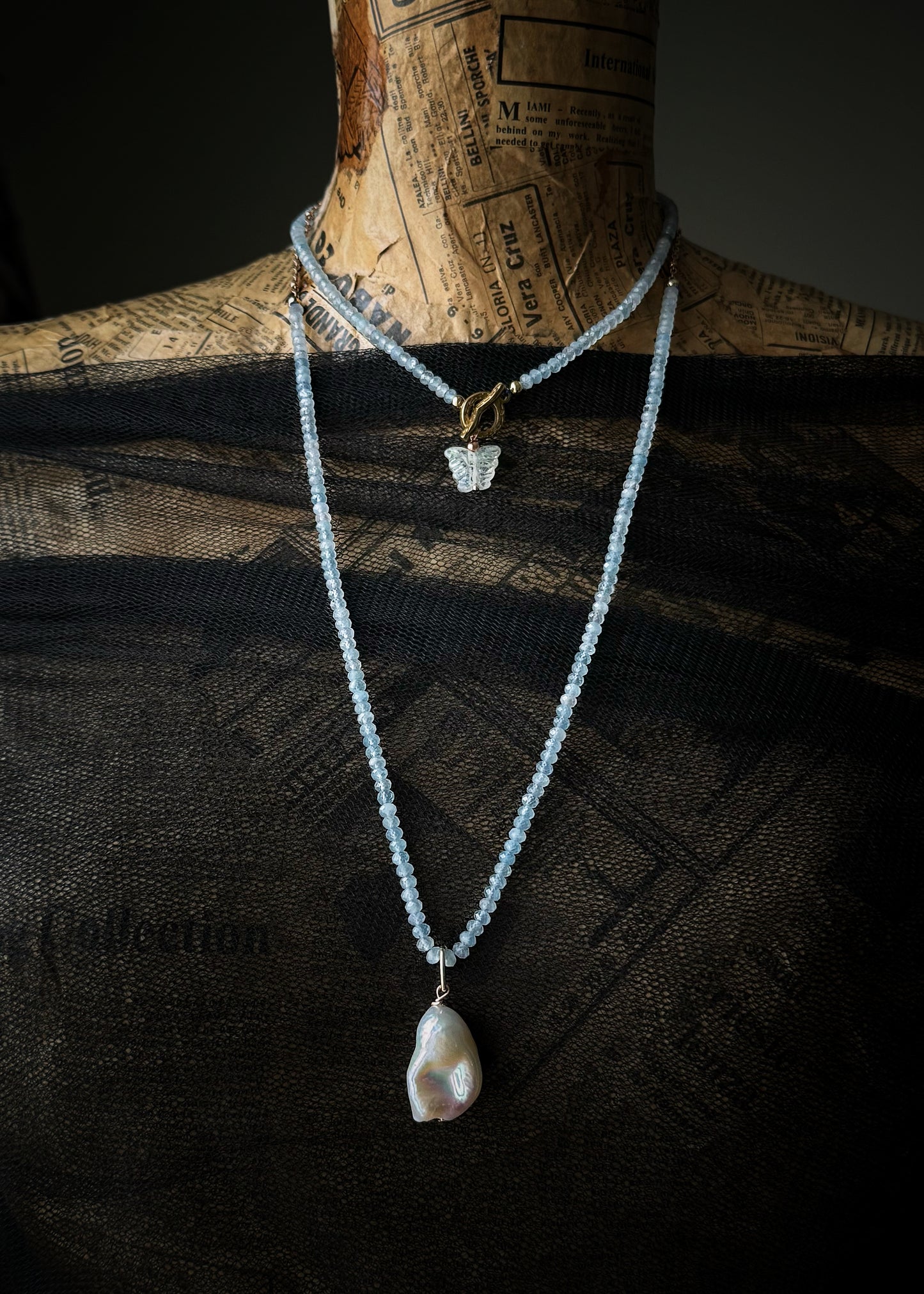 Long Necklace with Aquamarine and Baroque Pearl – Mod.31 | Ebbijoux