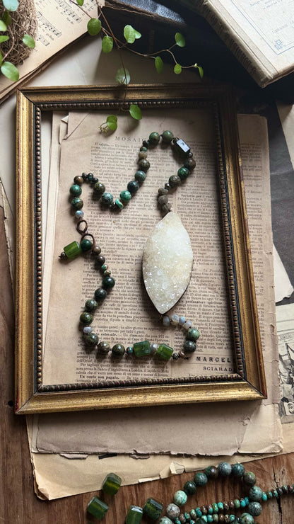 Necklace with quartz, turquoise and prehnite druse