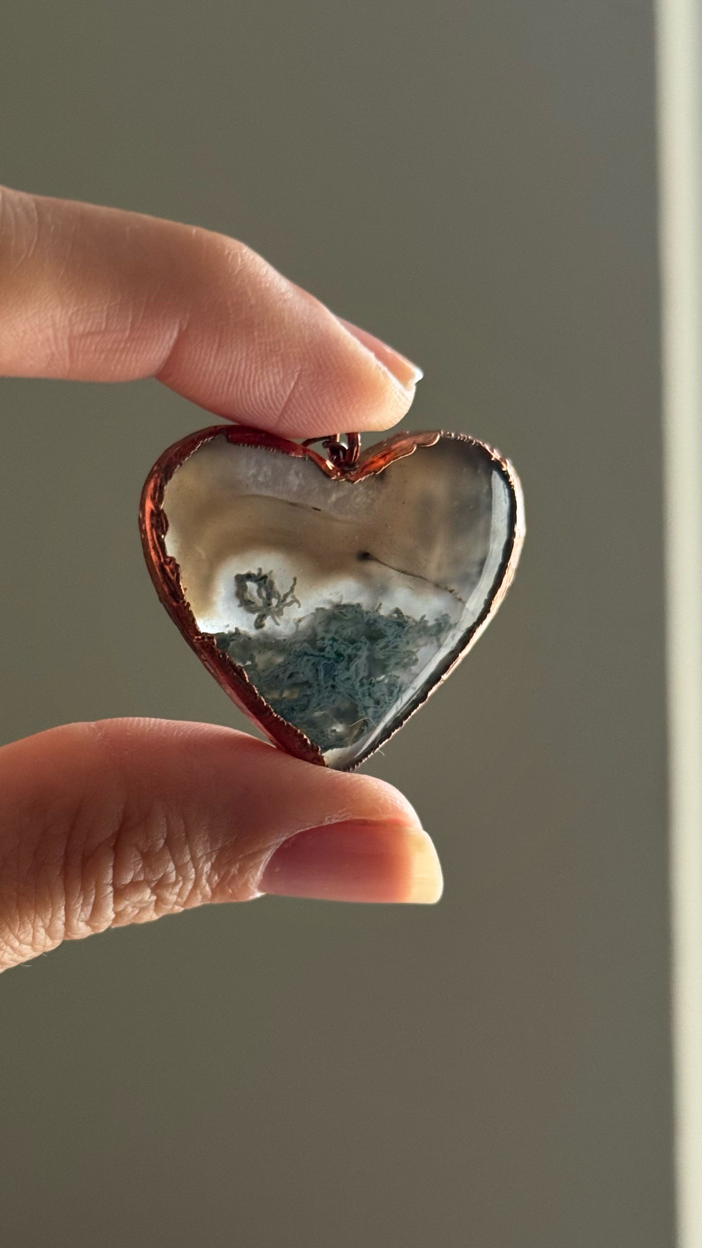 Moss Agate Heart Necklace. Copper and natural stone pendants. Heart necklaces for nature lovers. Custom-made.