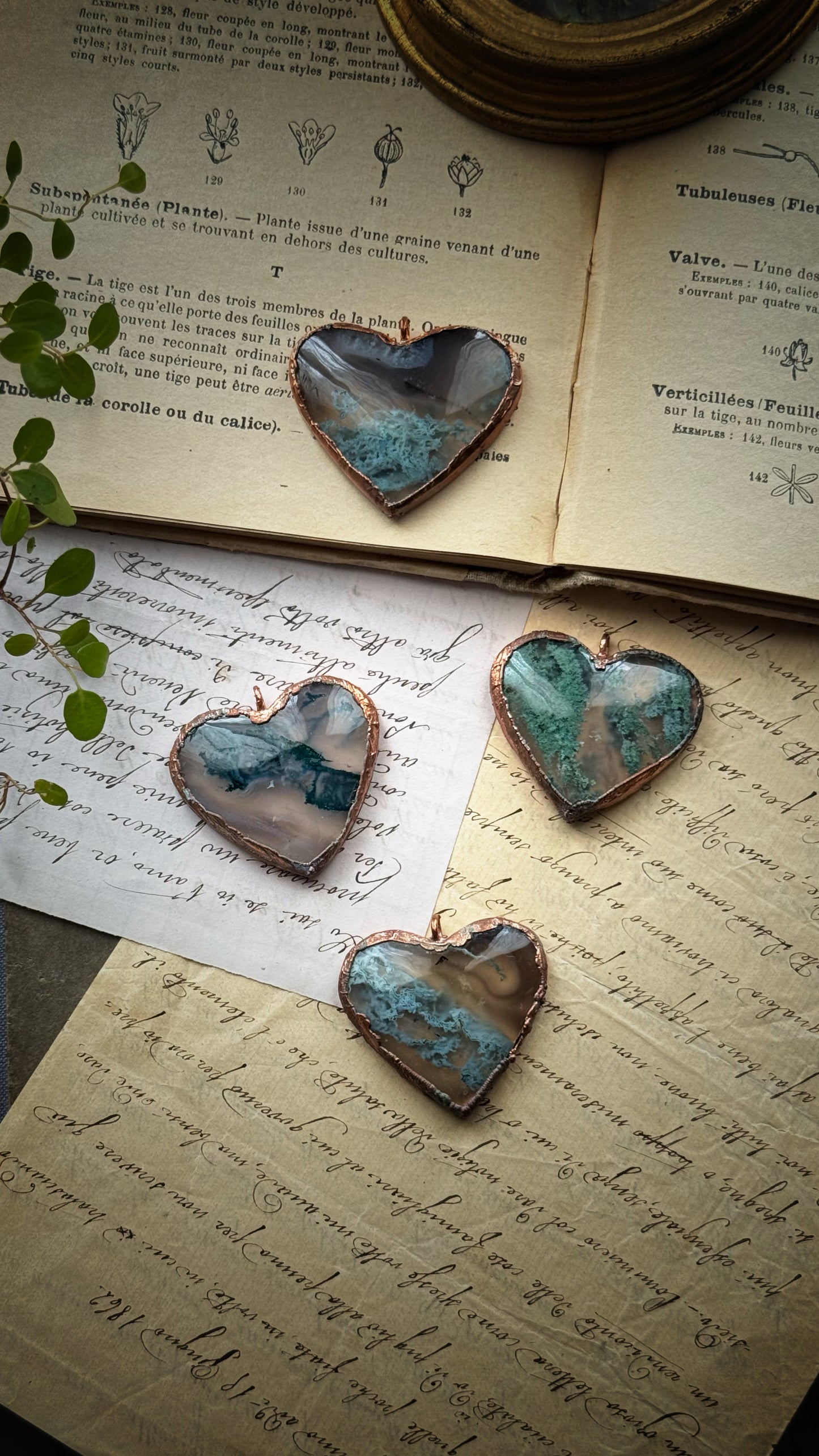 Moss Agate Heart Necklace. Copper and natural stone pendants. Heart necklaces for nature lovers. Custom-made.