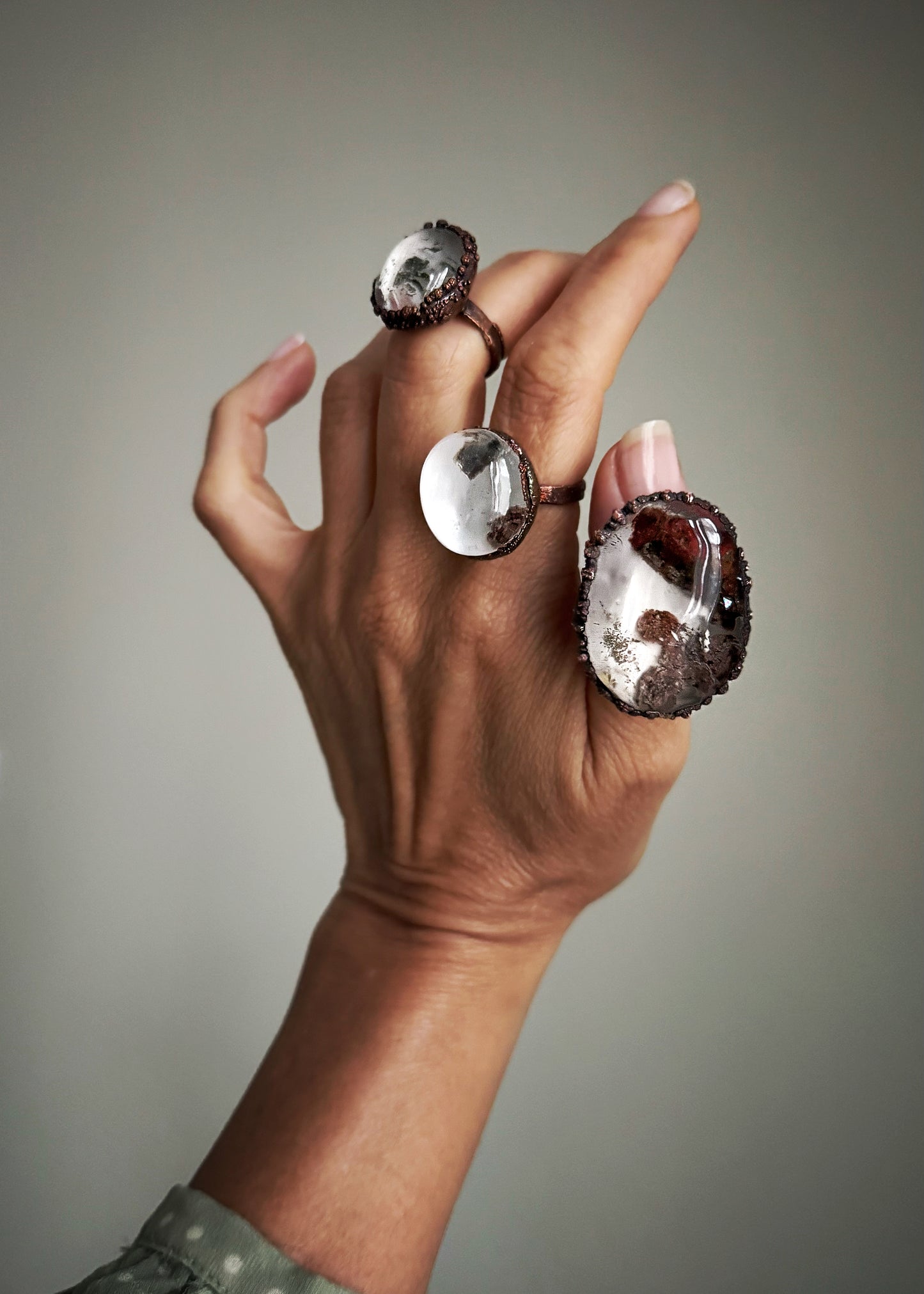 Copper Rings with Lodolite Quartz — Size 6-8-9 US