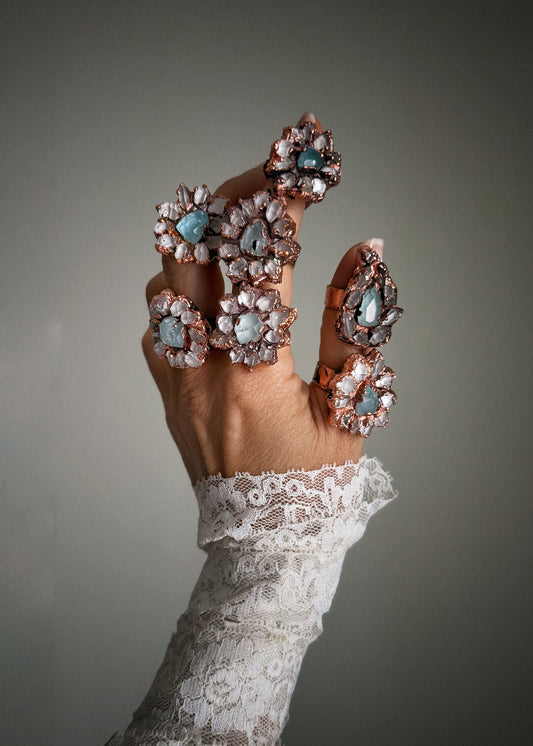 Anello in Rame con Quarzi Herkimer e Acquamarina | Mis. 6-7-8–9–11