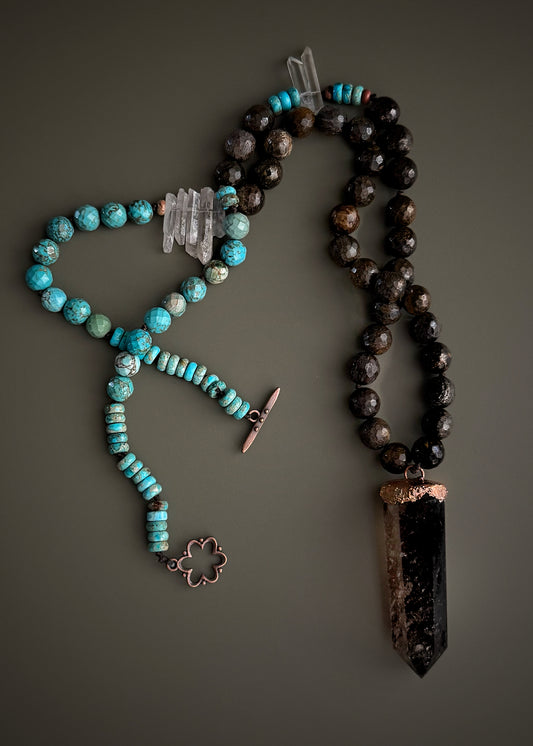 Knotted Necklace with Turquoise, Bronzite, and Smoky Quartz – Mod.19