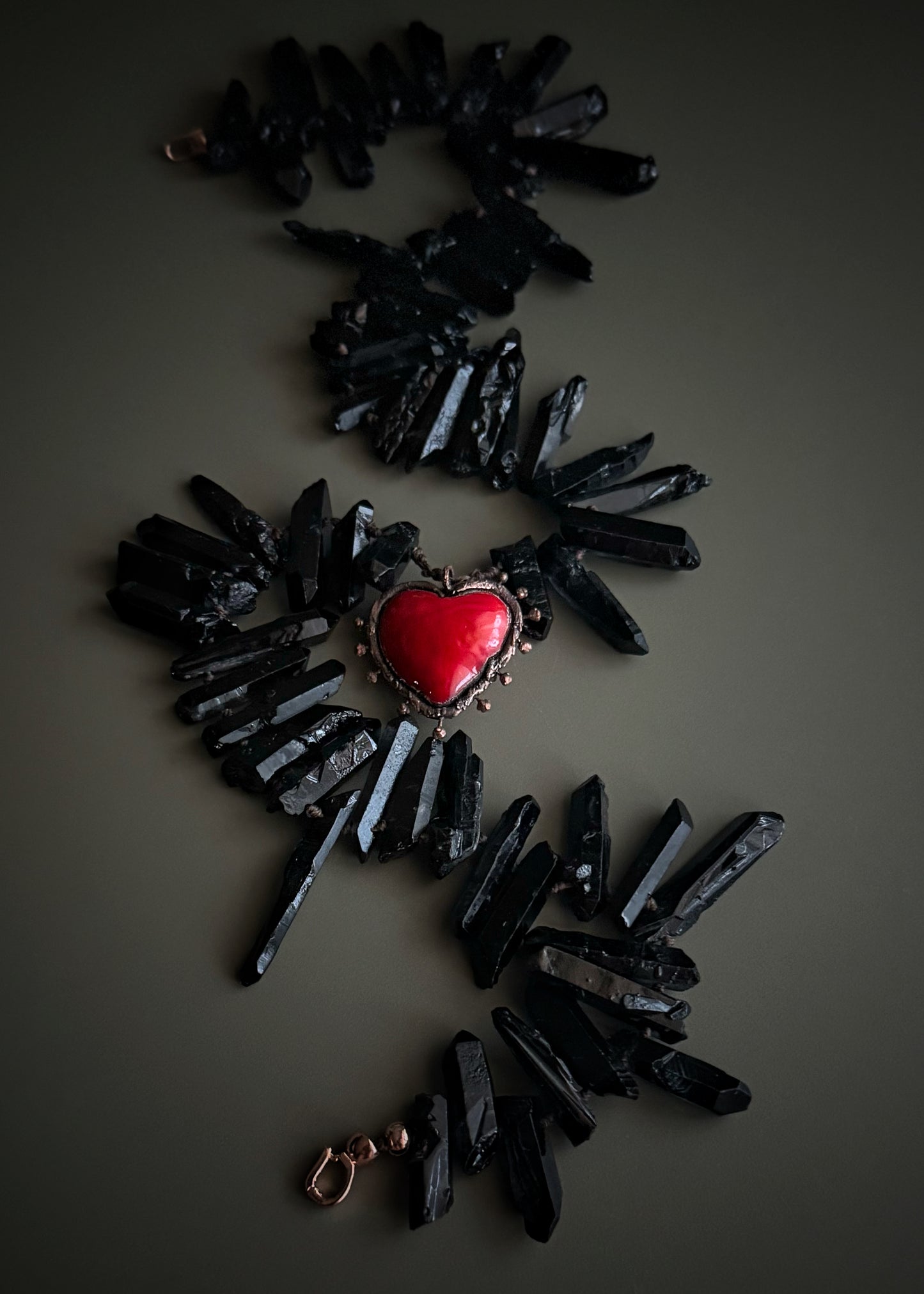 Handmade black quartz and red glass heart necklace with rose gold closure, Ebbijoux, one of a kind