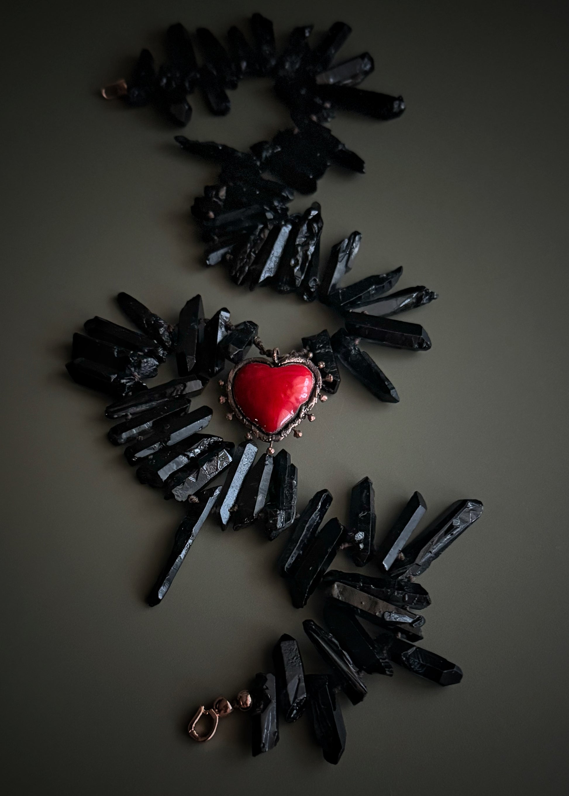Handmade black quartz and red glass heart necklace with rose gold closure, Ebbijoux, one of a kind