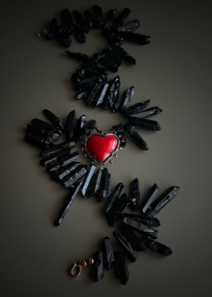 Handmade black quartz and red glass heart necklace with rose gold closure, Ebbijoux, one of a kind